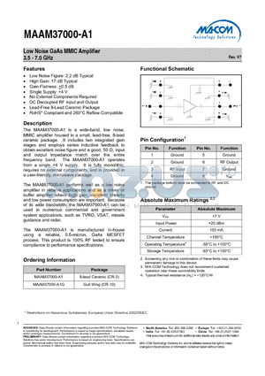 MAAM37000-A1G datasheet - Low Noise GaAs MMIC Amplifier