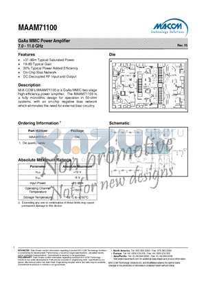 MAAM71100 datasheet - GaAs MMIC Power Amplifier 7.0 - 11.0 GHz