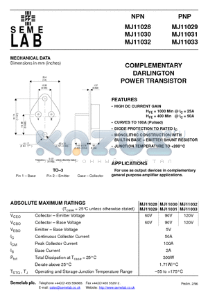 MJ11030 datasheet - COMPLEMENTARY DARLINGTON POWER TRANSISTOR