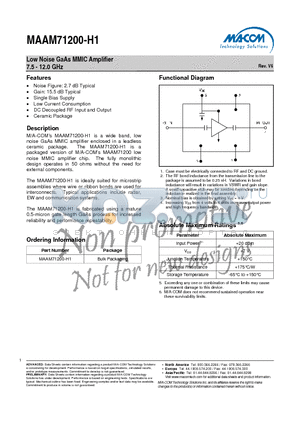 MAAM71200-H1 datasheet - Low Noise GaAs MMIC Amplifier 7.5 - 12.0 GHz