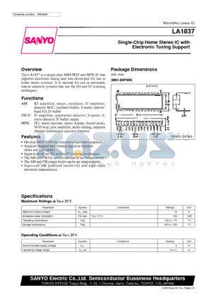 LA1837 datasheet - Single-Chip Home Stereo IC with Electronic Tuning Support