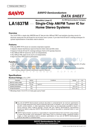 LA1837M datasheet - Single-Chip AM/FM Tuner IC for Home Stereo Systems