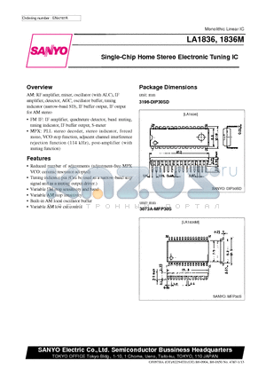 LA1836 datasheet - Single-Chip Home Stereo Electronic Tuning IC