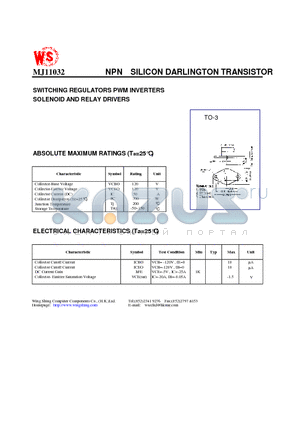 MJ11032 datasheet - NPN SILICON DARLINGTON TRANSISTOR(SWITCHING REGULATORS PWM INVERTERS SOLENOID AND RELAY DRIVERS)