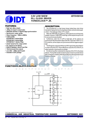 IDT5V9910A datasheet - 3.3V LOW SKEW PLL CLOCK DRIVER TURBOCLOCK JR