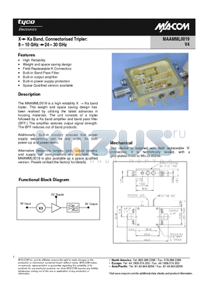 MAAMML0019 datasheet - X -> Ka Band, Connectorised Tripler: 8 - 10 GHz -> 24 - 30 GHz