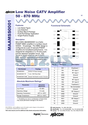 MAAMSS0001SMB datasheet - Low Noise CATV Amplifier 50 - 870 MHz