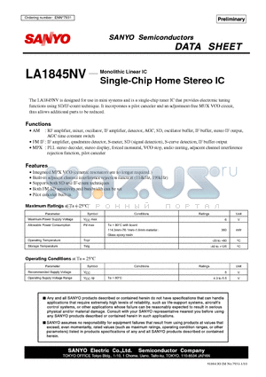 LA1845NV datasheet - Single-Chip Home Stereo IC