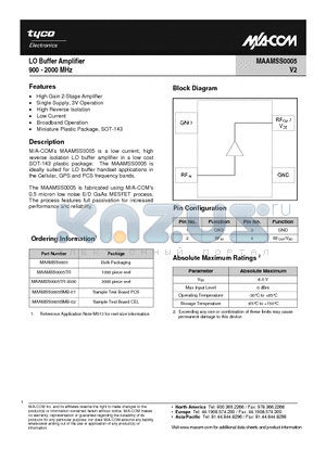 MAAMSS0005SMB-01 datasheet - LO Buffer Amplifier 900 - 2000 MHz