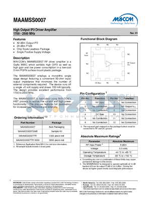 MAAMSS0007SMB datasheet - High Output IP3 Driver Amplifier 1700 - 2500 MHz