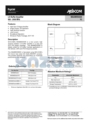 MAAMSS0005TR datasheet - LO Buffer Amplifier 900 - 2000 MHz