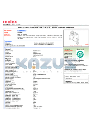 70541-9043 datasheet - 2.54mm (.100) Pitch SL Header, Single Row, Vertical, .120