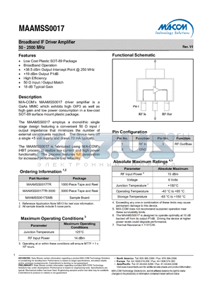 MAAMSS0017 datasheet - Broadband IF Driver Amplifier 50 - 2500 MHz