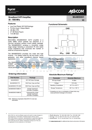 MAAMSS0031TR datasheet - Broadband CATV Amplifier, 50 - 1000 MHz