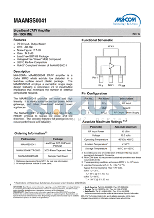 MAAMSS0041SMB datasheet - Broadband CATV Amplifier 50 - 1000 MHz