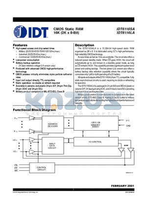 IDT6116LA25TP datasheet - CMOS STATIC RAM 16K (2K x 8 BIT)