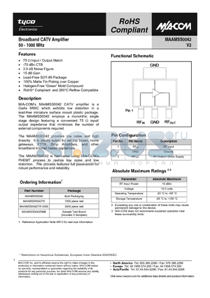MAAMSS0042TR-3000 datasheet - Broadband CATV Amplifier 50 - 1000 MHz