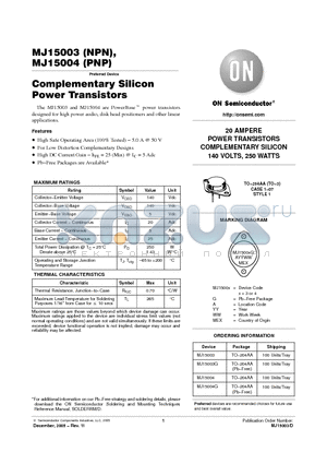 MJ15003 datasheet - Complementary Silicon Power Transistors