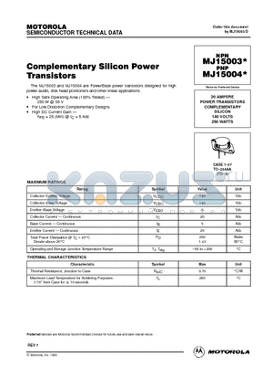 MJ15003 datasheet - 20 AMPERE POWER TRANSISTORS COMPLEMENTARY SILICON 140 VOLTS 250 WATTS