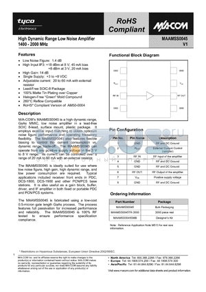 MAAMSS0045TR-3000 datasheet - High Dynamic Range Low Noise Amplifier 1400 - 2000 MHz