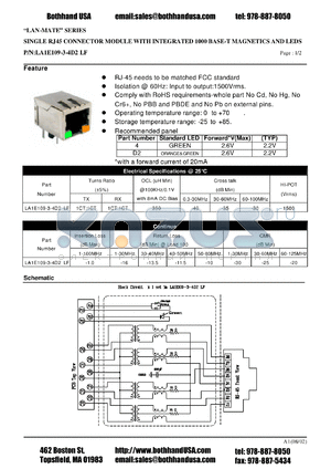 LA1E109-3-4D2LF datasheet - SINGLE RJ45 CONNECTOR MODULE WITH INTEGRATED 1000 BASE-T MAGNETICS AND LEDS