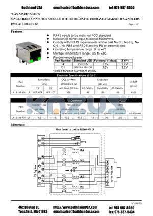 LA1E109-4D1LF datasheet - SINGLE RJ45 CONNECTOR MODULE WITH INTEGRATED 1000 BASE-T MAGNETICS AND LEDS