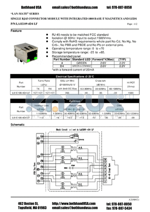 LA1E109-4D4LF datasheet - SINGLE RJ45 CONNECTOR MODULE WITH INTEGRATED 1000 BASE-T MAGNETICS AND LEDS