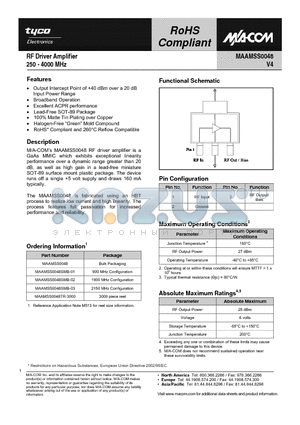 MAAMSS0048SMB-01 datasheet - RF Driver Amplifier 250 - 4000 MHz