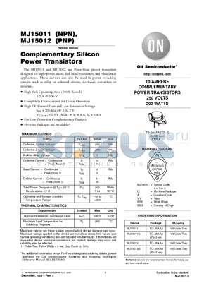 MJ15012G datasheet - Complementary Silicon Power Transistors