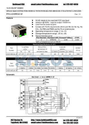 LA1E109D-44LF datasheet - SINGLE RJ45 CONNECTOR MODULE WITH INTEGRATED 1000 BASE-T MAGNETICS AND LEDS