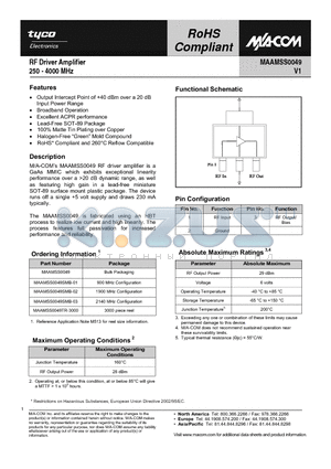 MAAMSS0049SMB-01 datasheet - RF Driver Amplifier 250 - 4000 MHz