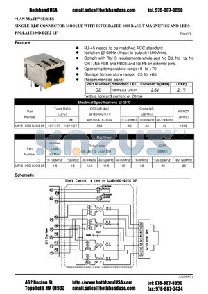 LA1E109D-D2D2LF datasheet - SINGLE RJ45 CONNECTOR MODULE WITH INTEGRATED 1000 BASE-T MAGNETICS AND LEDS