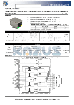 LA1S109-43L datasheet - SINGLE RJ45 CONNECTOR MODULE WITH INTEGRATED 1000 BASE-T MAGNETICS AND LEDS