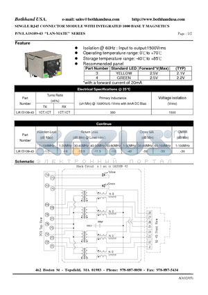 LA1S109-43 datasheet - SINGLE RJ45 CONNECTOR MODULE WITH INTEGRATED 1000 BASE T MAGNETICS