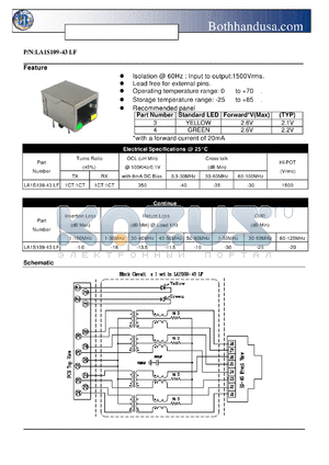 LA1S109-43LF datasheet - SINGLE RJ45 CONNECTOR WITH 1000 BASE-T MAGNETICS AND LEDS
