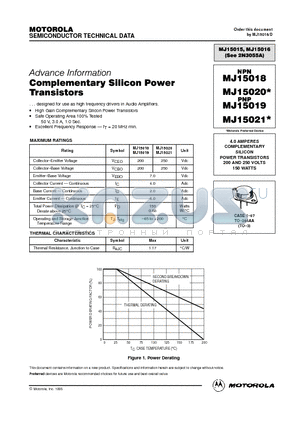 MJ15018 datasheet - 4.0 AMPERES COMPLEMENTARY SILICON POWER TRANSISTORS 200 AND 250 VOLTS 150 WATTS