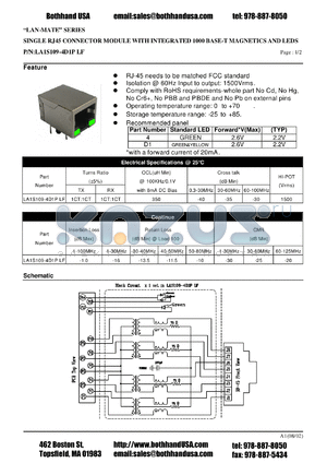 LA1S109-4D1PLF datasheet - SINGLE RJ45 CONNECTOR MODULE WITH INTEGRATED 1000 BASE-T MAGNETICS AND LEDS