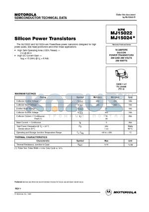 MJ15022 datasheet - Silicon Power Transistors