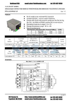 LA1S109D-43LF datasheet - SINGLE RJ45 CONNECTOR MODULE WITH INTEGRATED 1000 BASE-T MAGNETICS AND LEDS