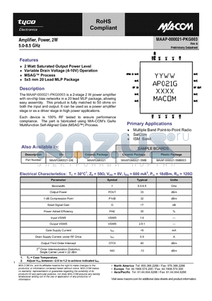 MAAP-000021-PKG003 datasheet - Amplifier, Power, 2W 5.0-8.5 GHz