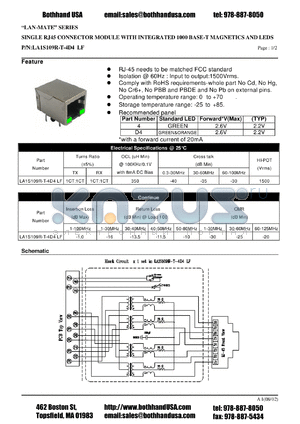 LA1S109R-T-4D4LF datasheet - SINGLE RJ45 CONNECTOR MODULE WITH INTEGRATED 1000 BASE-T MAGNETICS AND LEDS
