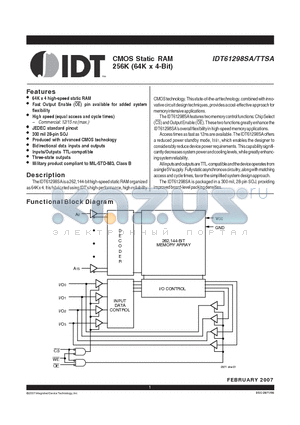 IDT61298TTSA datasheet - CMOS Static RAM 256K (64K x 4-Bit)