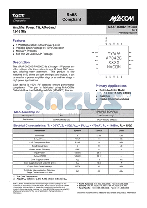 MAAP-000042-SMB003 datasheet - Amplifier, Power, 1W, X/Ku-Band 12-16 GHz