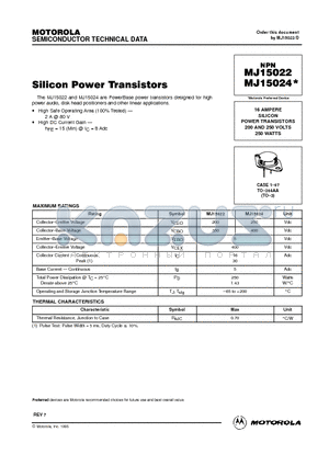 MJ15024 datasheet - SILICON POWER TRANSISTORS