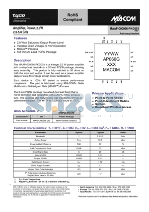 MAAP-000066-SMB003 datasheet - Amplifier, Power, 2.0W 2.5-5.0 GHz