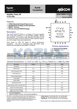 MAAP-000067-PKG003 datasheet - Amplifier, Power, 2W