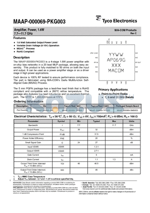 MAAP-000069-PKG003 datasheet - Amplifier, Power, 1.6W,7.7.11.7 GHz