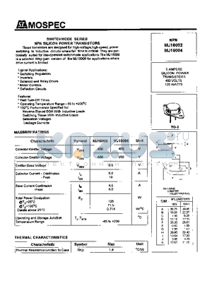 MJ16004 datasheet - POWER TRANSISTOR(5A,450V,125W)