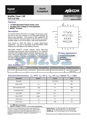 MAAP-000070-PKG003 datasheet - Amplifier, Power, 1.6W 10.0-13.25 GHz