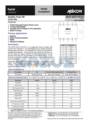 MAAP-000074-PKG001 datasheet - Amplifier, Power, 8W 2.0-8.0 GHz